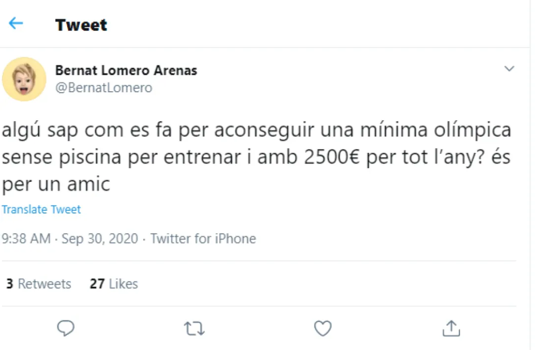 El ‘tweet’ del nedador Bernat Lomero 