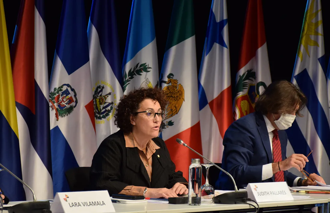 La ministra de Funció Pública i Simplificació de l’Administració, Judith Pallarés, durant la seva intervenció a la 19a Conferència iberoamericana de ministres d’Administració Pública i Reforma de l’Estat.