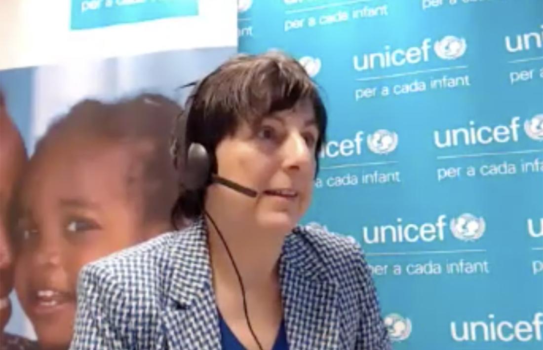 La directora de l'Unicef, Marta Alberch, durant la roda de premsa telemàtica d'aquest matí.