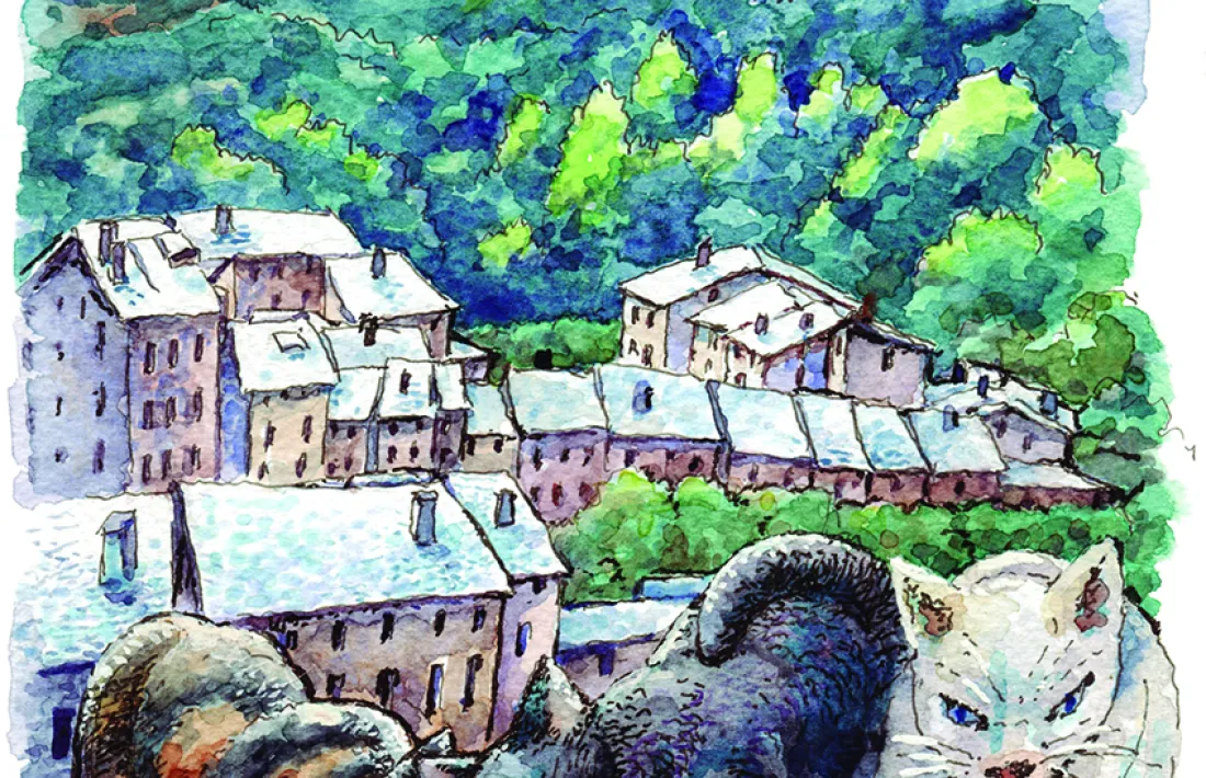 ’Els gats i la callissa de Sant Julià des d’una perspectiva angular’, aquarel·la inèdita inclosa a ‘Hi floriran grandalles’.