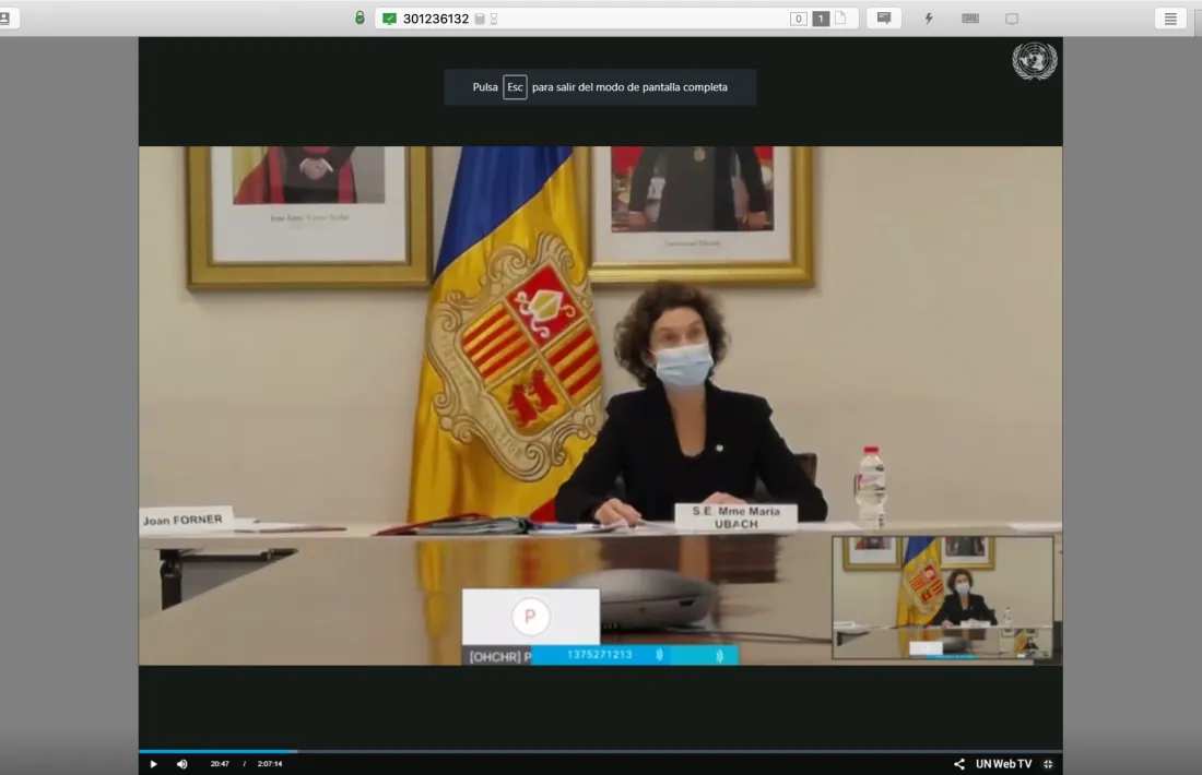 La ministra d’Afers Exteriors, Maria Ubach, durant la intervenció davant del Consell de drets humans de l’ONU, ahir.