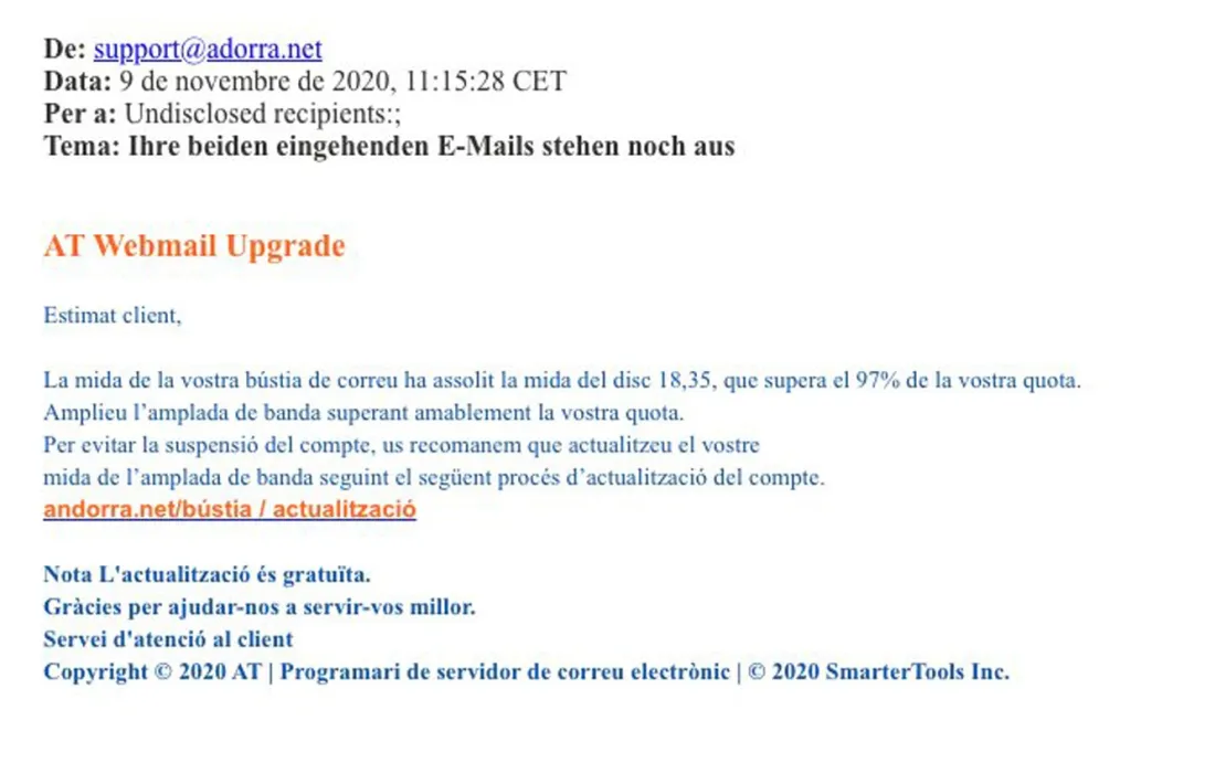 Correu electrònic que rep la víctima de l'estafa.