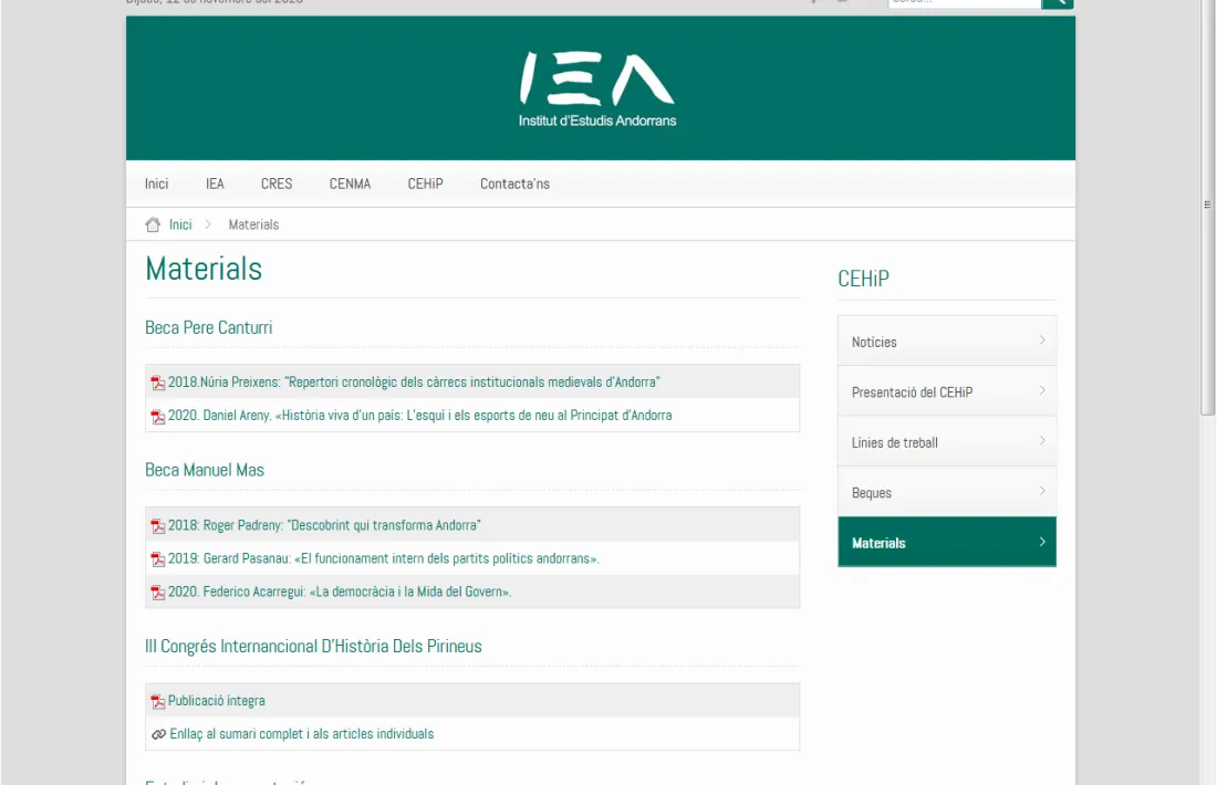 Web de l'Institut d'Estudis Andorrans.