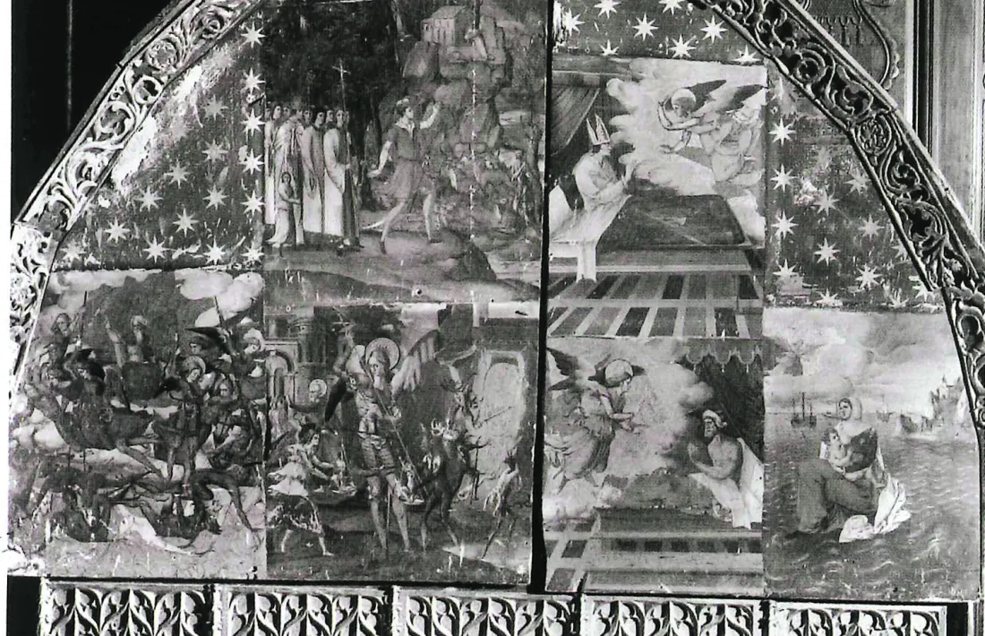 El retaule sencer, en unes de les dues úniques fotografies que se'n conserven, quan ja havia estat arrencat de Sant Miquel i traslladat a Palma de Mallorca.