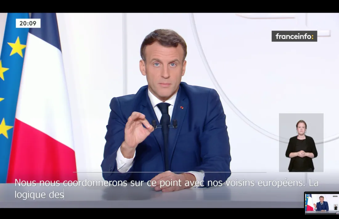 El president francès, Emmanuel Macron, aquest dimarts, durant el discurs en què ha anunciat el relaxament de les restriccions.