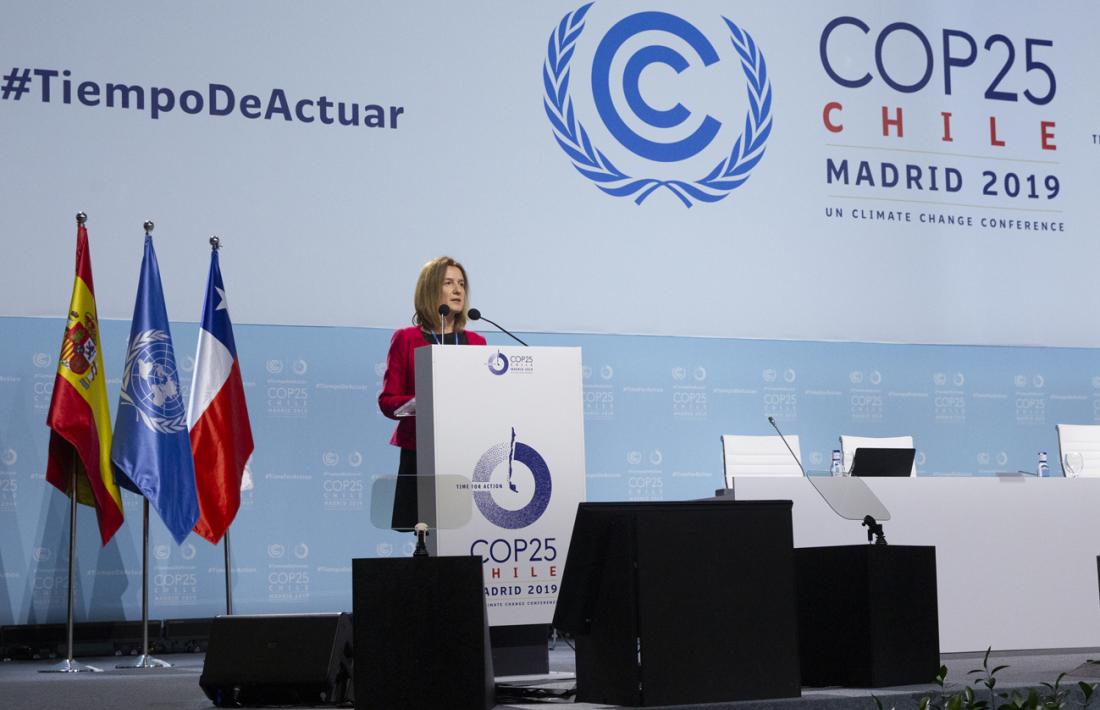 La ministra de Medi Ambient, Agricultura i Sostenibilitat, Sivia Calvó, durant la seva intevenció a la COP25.
