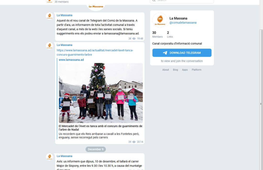 Captura de pantalla del canal de Telegram de la Massana.