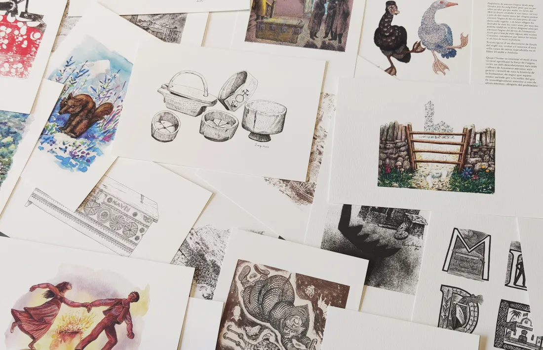 La carpeta conté una vintena d’estampes amb dibuixos, gravats i aquarel·les de Sergi Mas.