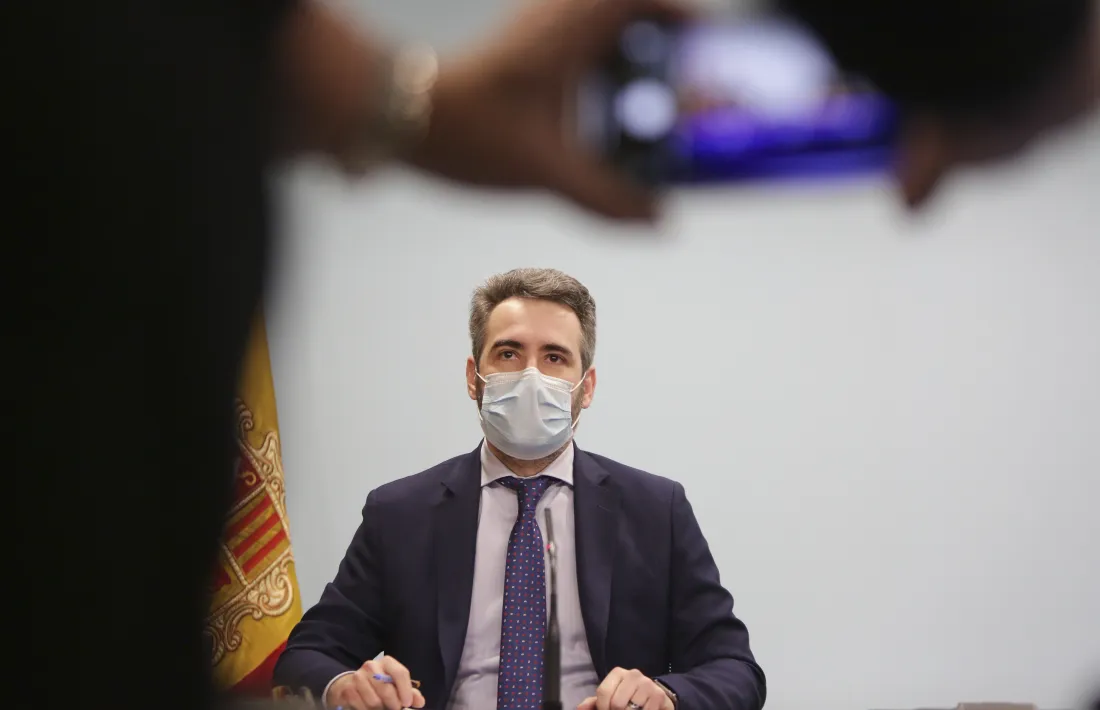 El ministre portaveu, Eric Jover, durant la roda de premsa d’ahir a la tarda.