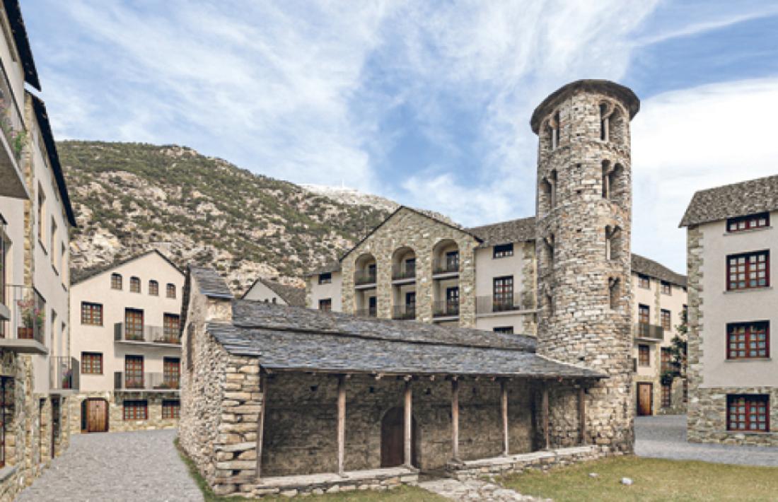 reconstrucció ideal de Santa Coloma amb l’església al mig de la nova trama urbana.