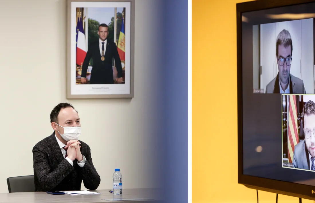Un instant de la reunió telemàtica entre Espot i Aragonès, ahir.