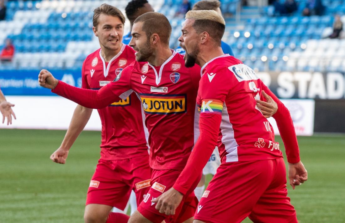 Marc Vales celebra un gol el curs passat amb el Sandefjord Fotball noruec. Foto: Sandefjord