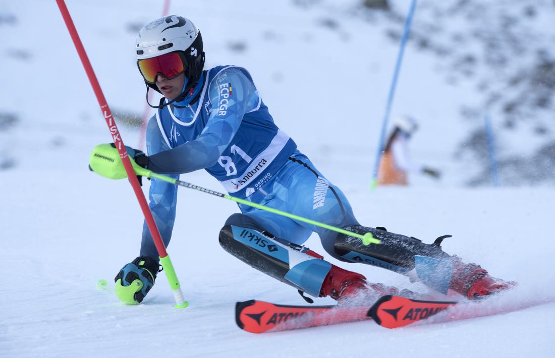 Pirmin Estruga es va imposar ahir a l’eslàlom U16 a la pista de les Canals. Foto: Trofeu Borrufa