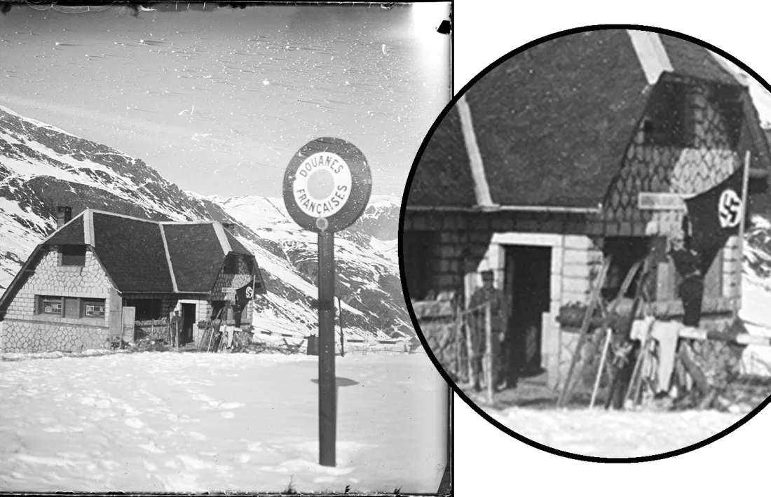 Ampliació de la foto, amb Carme Romeu, l'esvàstica i el soldat alemany a la porta de la duana.