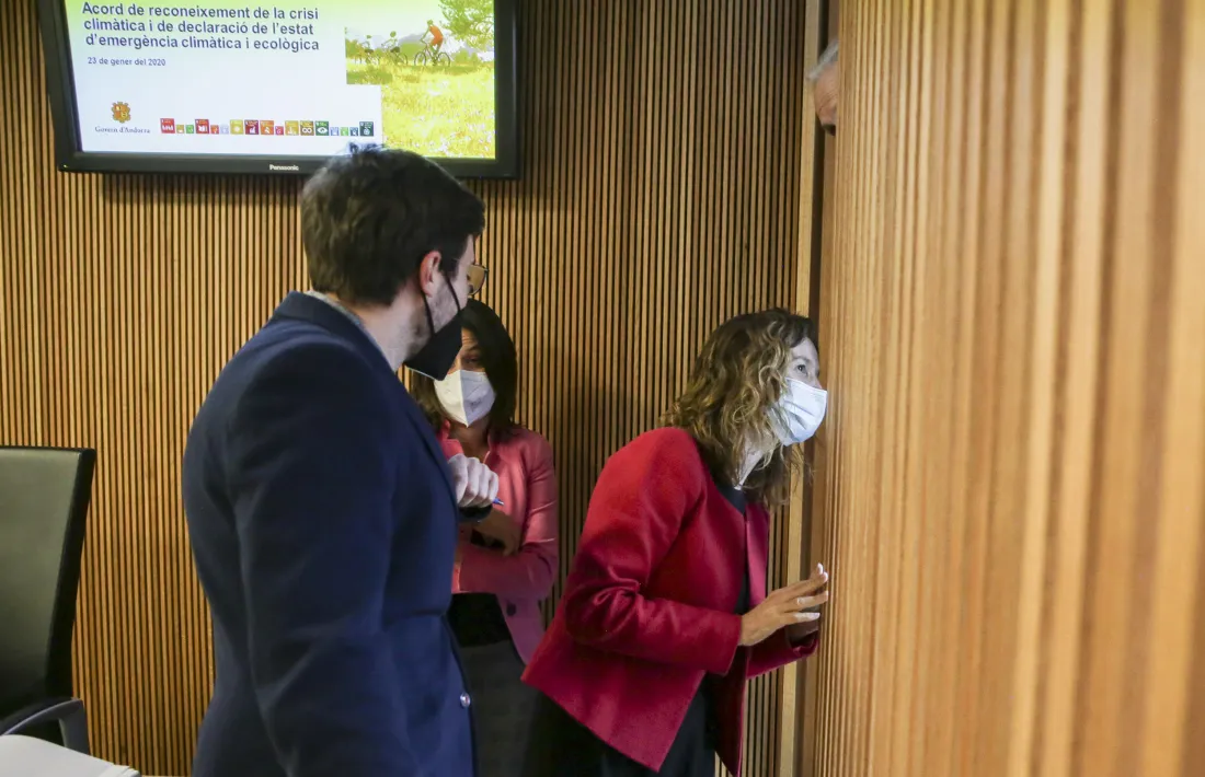 La ministra Sílvia Calvó mira a l’exterior de l’edifici del Consell General abans de la seva intervenció, aquest dimecres.