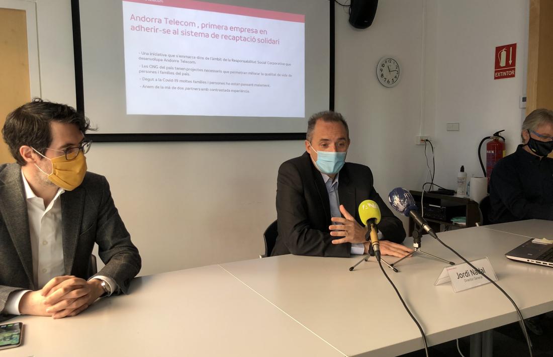 Un moment de la presentació de l'acord d'Andorra Telecom amb Univers Bomosa i Worldcoo. 
