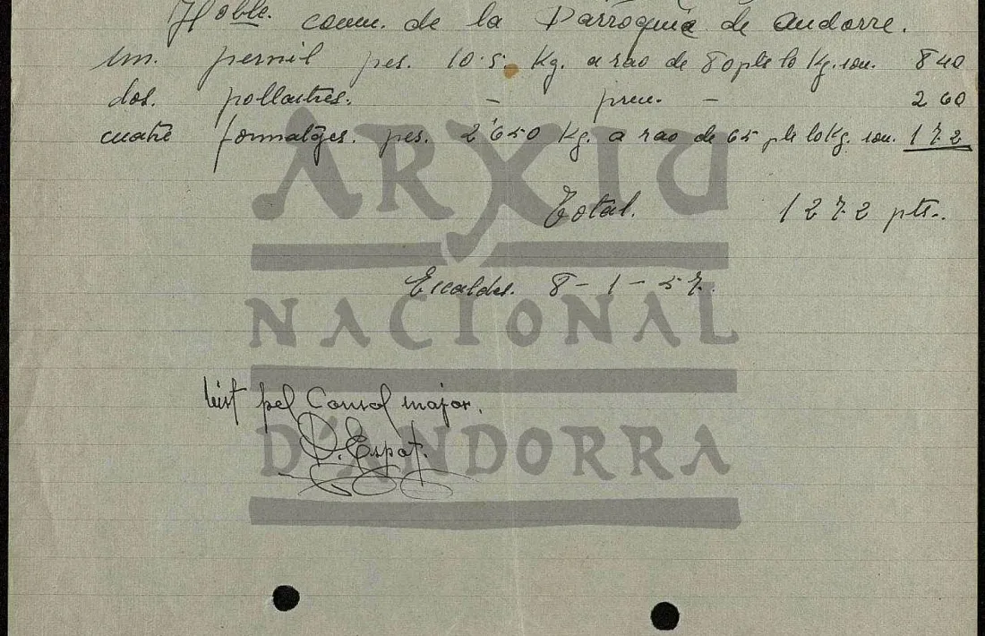 Rebut pel present amb què el Comú va obsequiar el bisbe el Nadal del 1957.