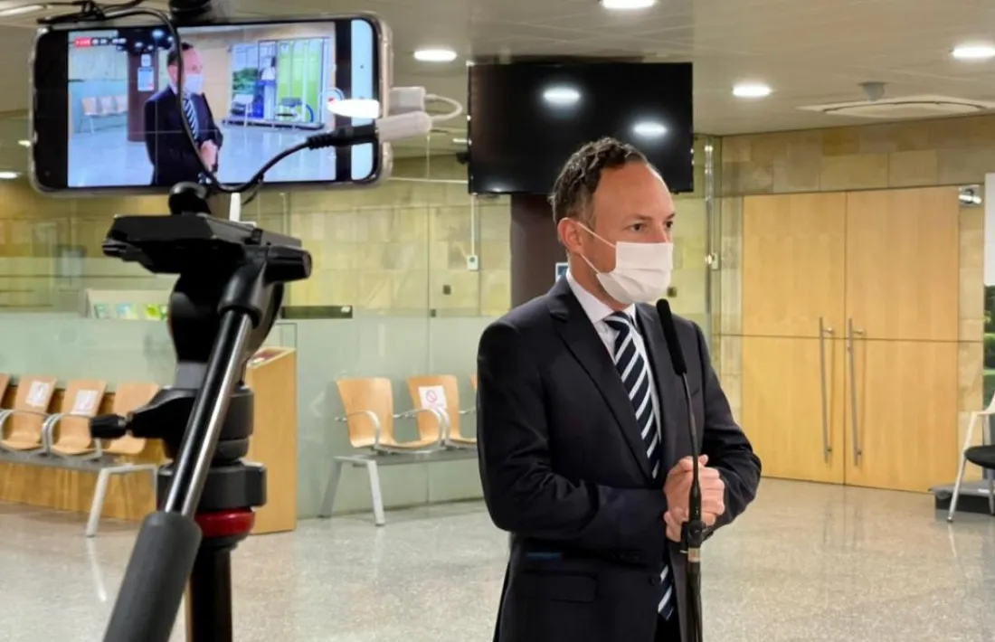 El cap de Govern, Xavier Espot, en la compareixença d'aquesta tarda davant la premsa.