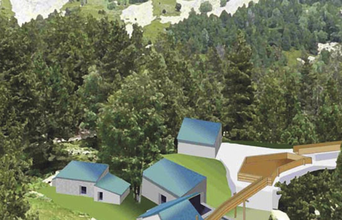Reconstrucció ideal del complex siderúrgic, que incloïa taller, trompa, carbonera i casa de la farga, l’allotjament dels fargaires.