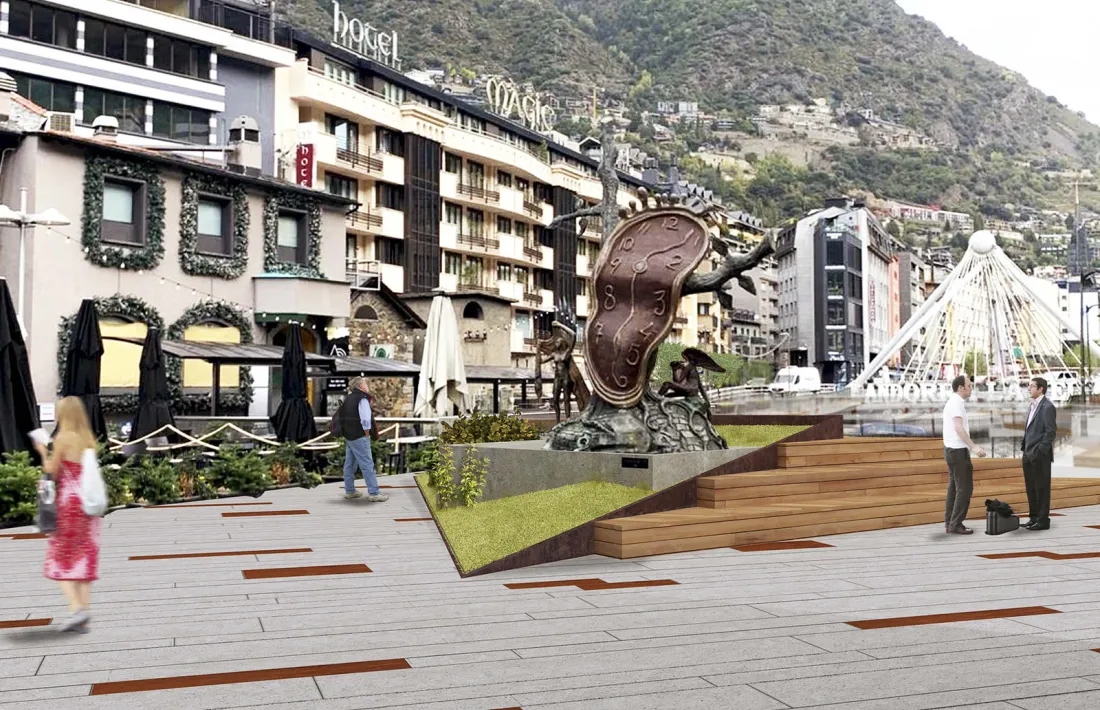 Fotomuntatge amb el bronze dalinià instal·lat a la peana definitiva.