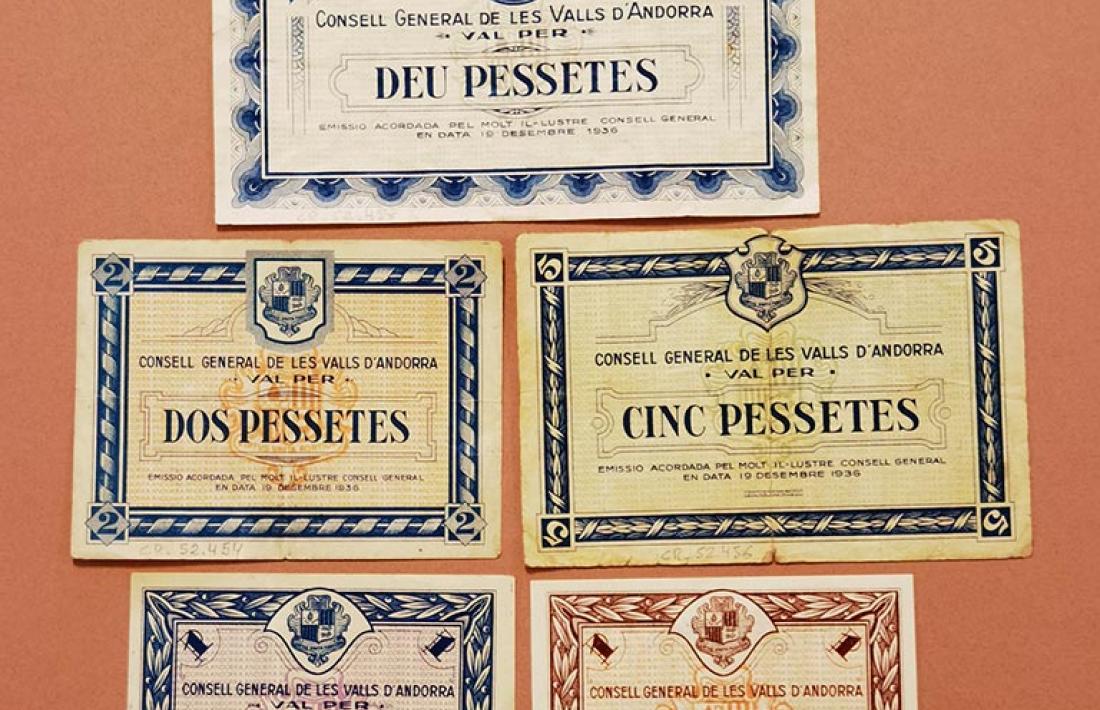 Bitllets d’una, dues, cinc i deu pessetes impresos el 1936 a Tolosa i emesos pel Consell.