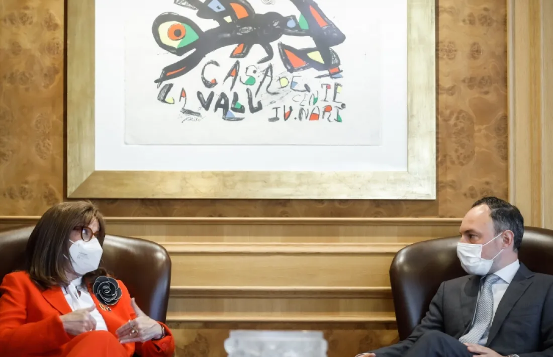 Un moment de la reunió d'aquest matí entre Xavier Espot i Rebeca Grynspan.