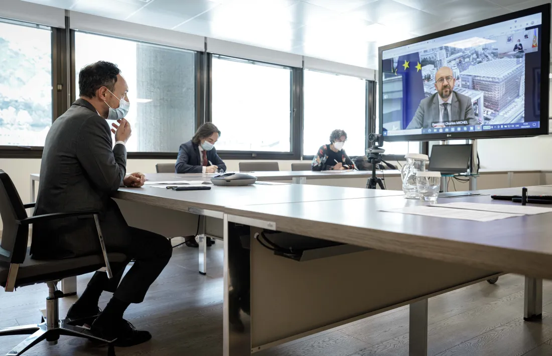 Un instant de la reunió telemàtica celebrada ahir.
