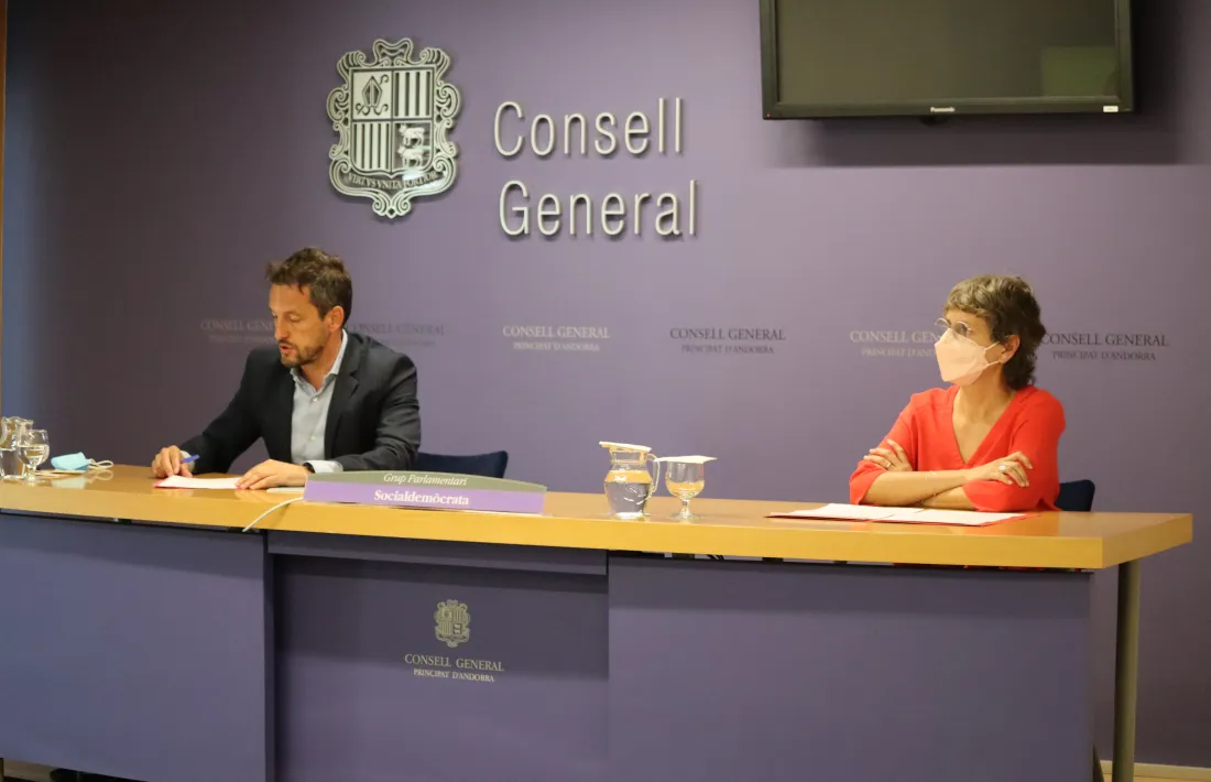 Pere López i Susanna Vela en la compareixença d'aquesta tarda al Consell General.