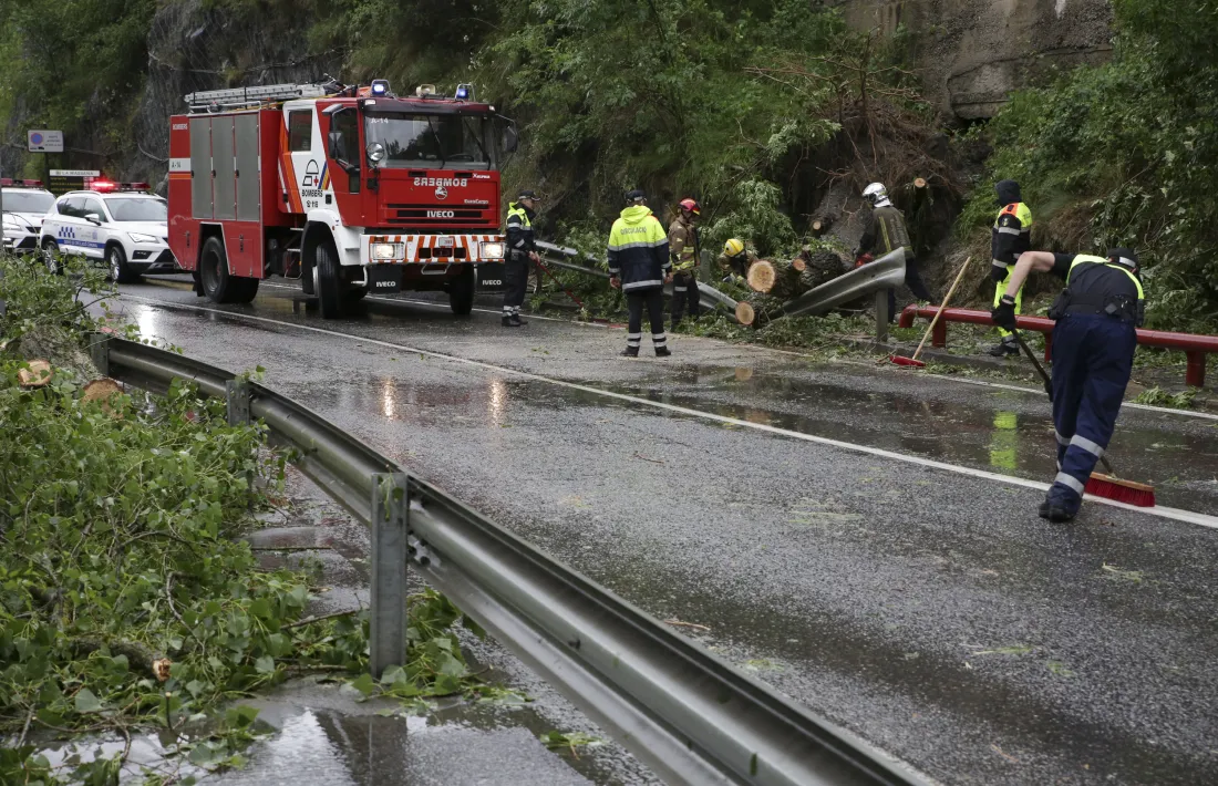 Moment en què els bombers han procedit a retirar l’arbre caigut a la CG-3.