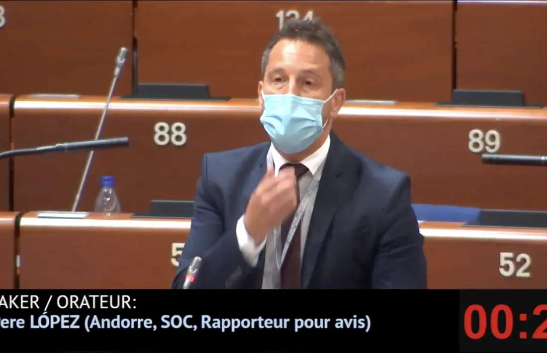 Pere López en un moment de la seva intervenció al Consell d'Europa.