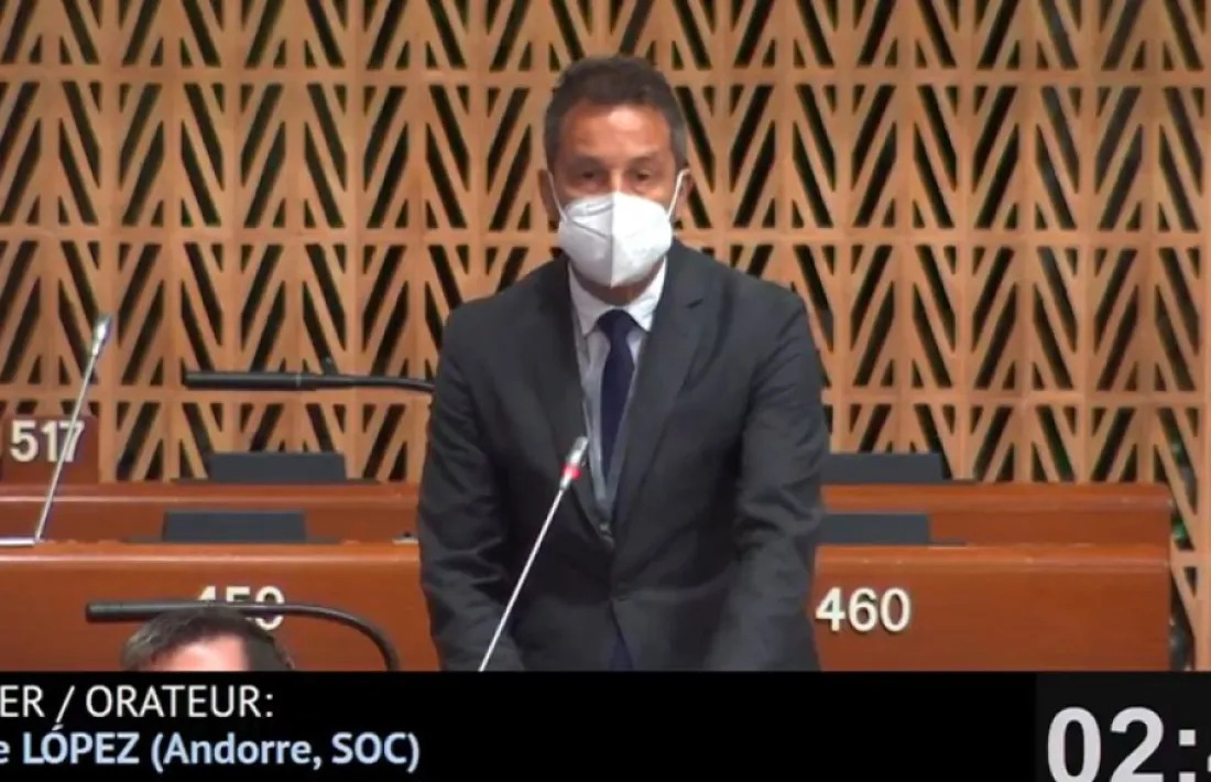 Pere López en un moment de la seva intervenció al Consell d'Europa.