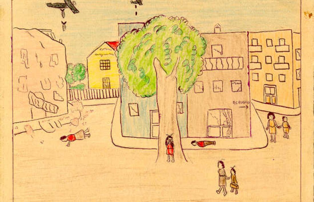 El dibuix d'un bombardeig a Portbou fet per la Maria Dolors, germana de la Isabel Sanz.
