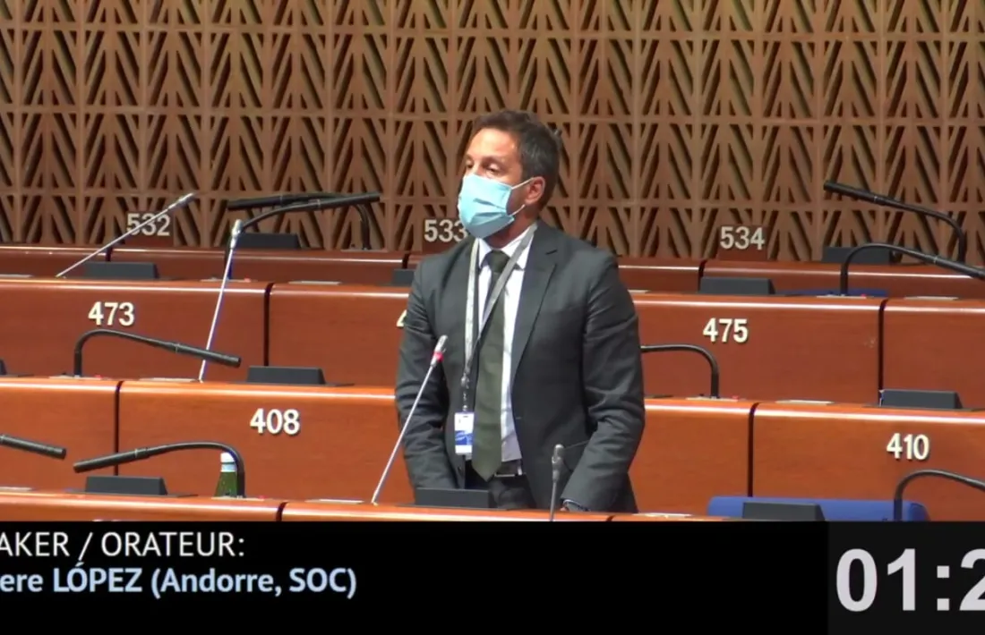 Un moment de la intervenció d'aquest matí de Pere López al Consell d'Europa.