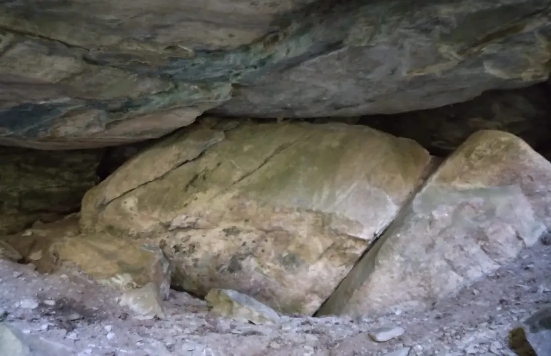 Exterior de la balma, situada en un camí molt poc transitat i fins fa poc oculta per boixos.