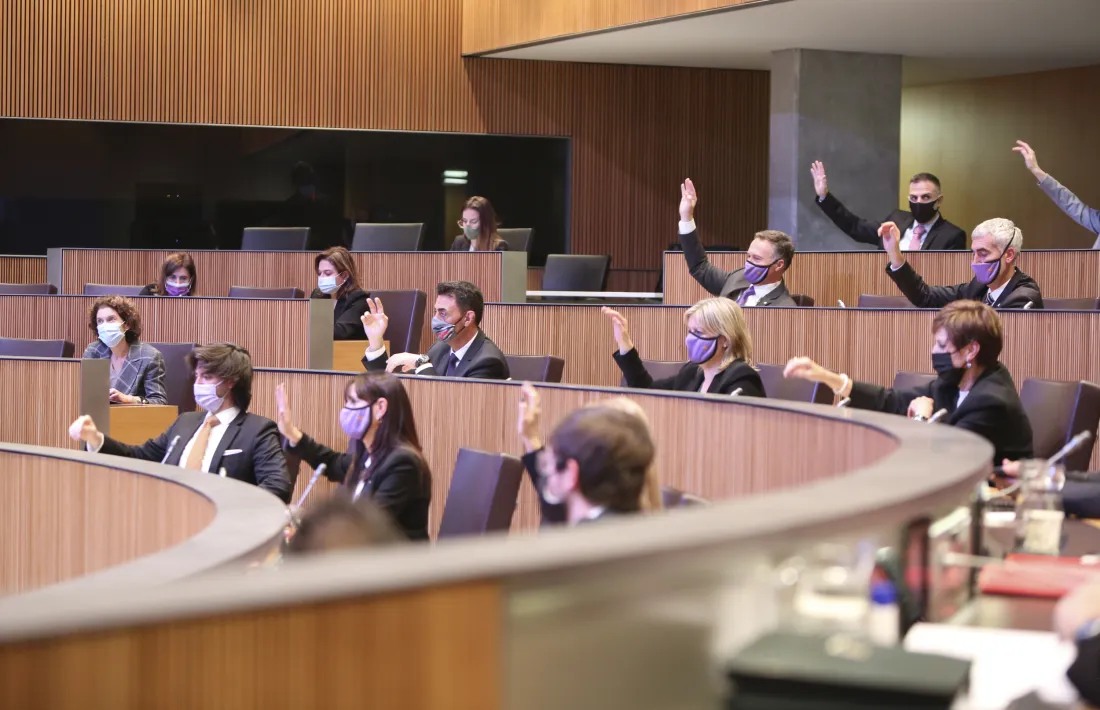 Els consellers de la majoria parlamentària en una votació a mà alçada.