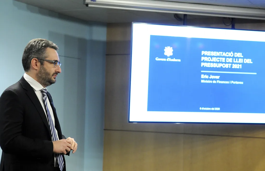 El ministre de Finances, Eric Jover, en la compareixença on va presentar el pressupost per aquest any 2021.