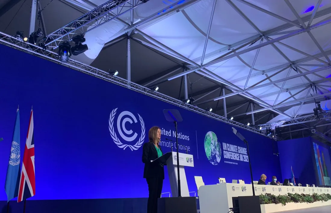 La ministra de Medi Ambient, Sílvia Calvó, en la seva intervenció a la COP26.