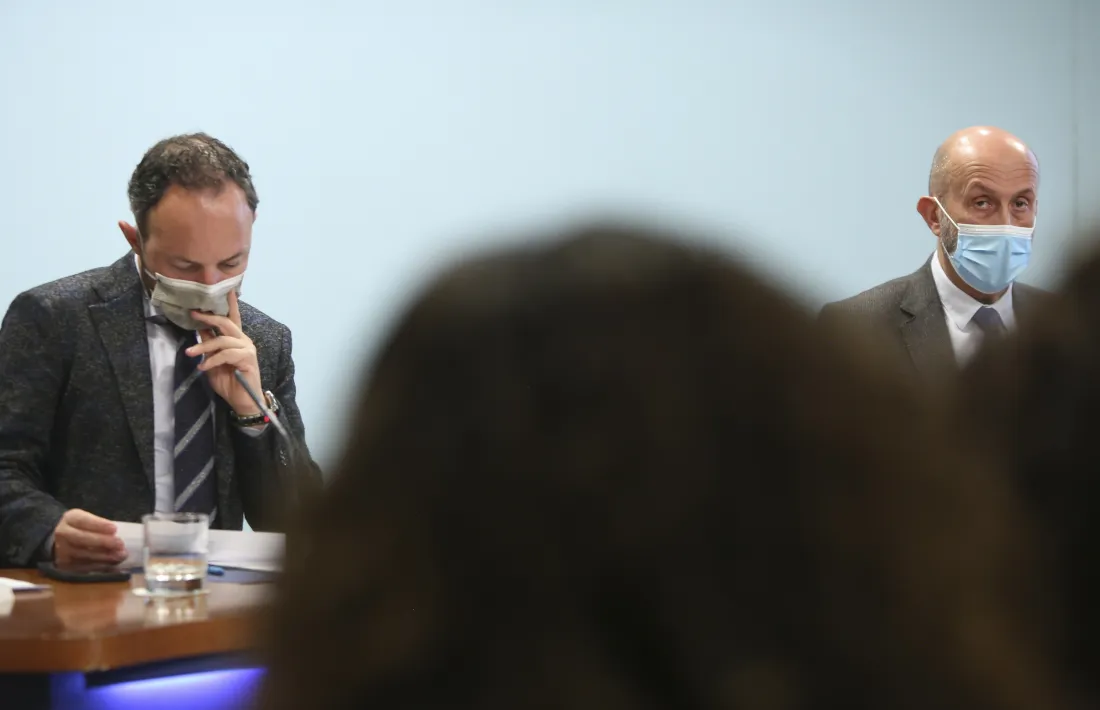 Xavier Espot i Joan Martínez Benazet en la roda de premsa d’aquesta tarda.