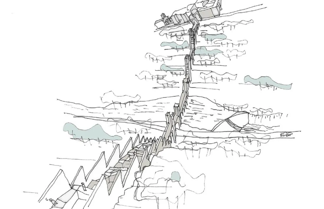 Reinterpretacions del projecte de Bofill, Bohigas, Pujal i Aixàs a partir de les dues perspectives que conserva aquest últim: un llarg viaducte tallava la vall, connectava les dues muntanyes i concloïa en sengles amfiteatres.