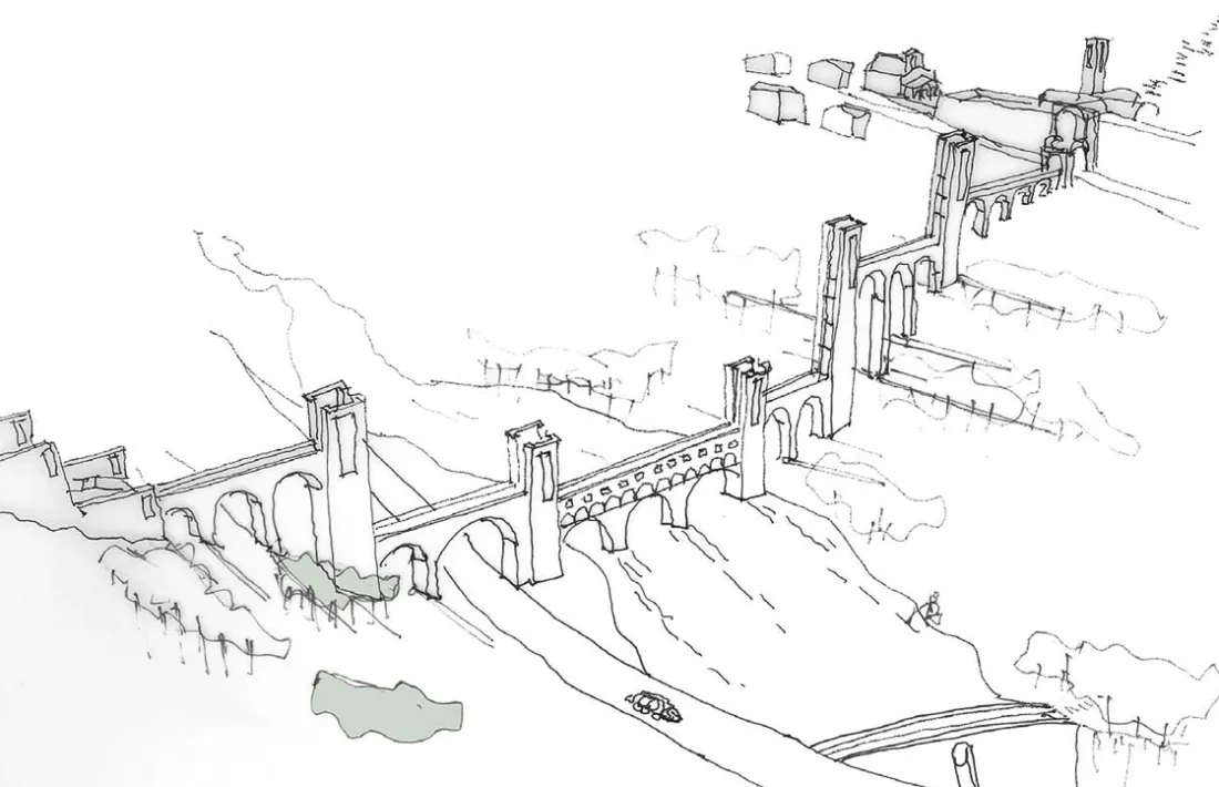 Reinterpretacions del projecte de Bofill, Bohigas, Pujal i Aixàs a partir de les dues perspectives que conserva aquest últim: un llarg viaducte tallava la vall, connectava les dues muntanyes i concloïa en sengles amfiteatres.