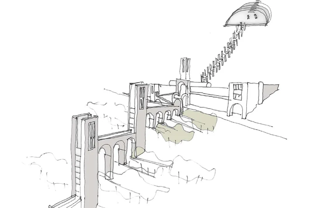 Reinterpretacions del projecte de Bofill, Bohigas, Pujal i Aixàs a partir de les dues perspectives que conserva aquest últim: un llarg viaducte tallava la vall, connectava les dues muntanyes i concloïa en sengles amfiteatres.