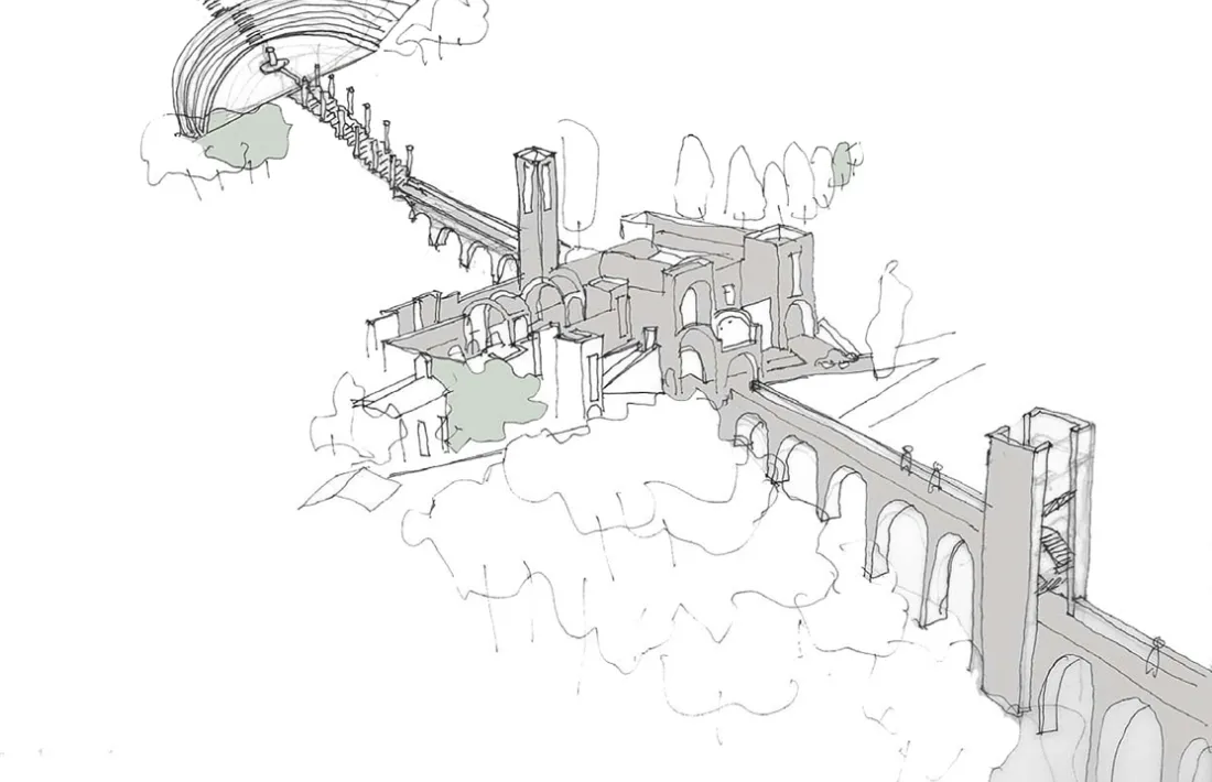 Reinterpretacions del projecte de Bofill, Bohigas, Pujal i Aixàs a partir de les dues perspectives que conserva aquest últim: un llarg viaducte tallava la vall, connectava les dues muntanyes i concloïa en sengles amfiteatres.