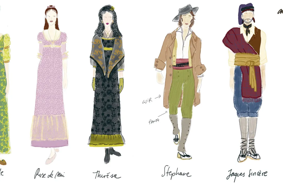 Figurins dels tres papers principals de ‘La Vall d’Andorra’, que cantaran Jonaina Salvador (Georgette), Lauren Libaw (Rose de Mai) i Carlo Giacchetta (Stéphane), més Théresa (Jana Corominas) i el vell cabrer, Jacques (Cipriano de Guzmán). Els firma la dissenyadora Anna Mangot.