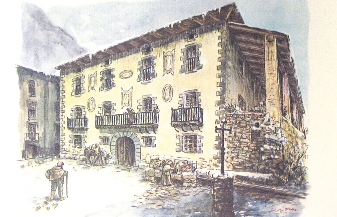 Reconstrucció ideal de la façana, amb els sis medallons repartits entre el segon i el tercer pis.