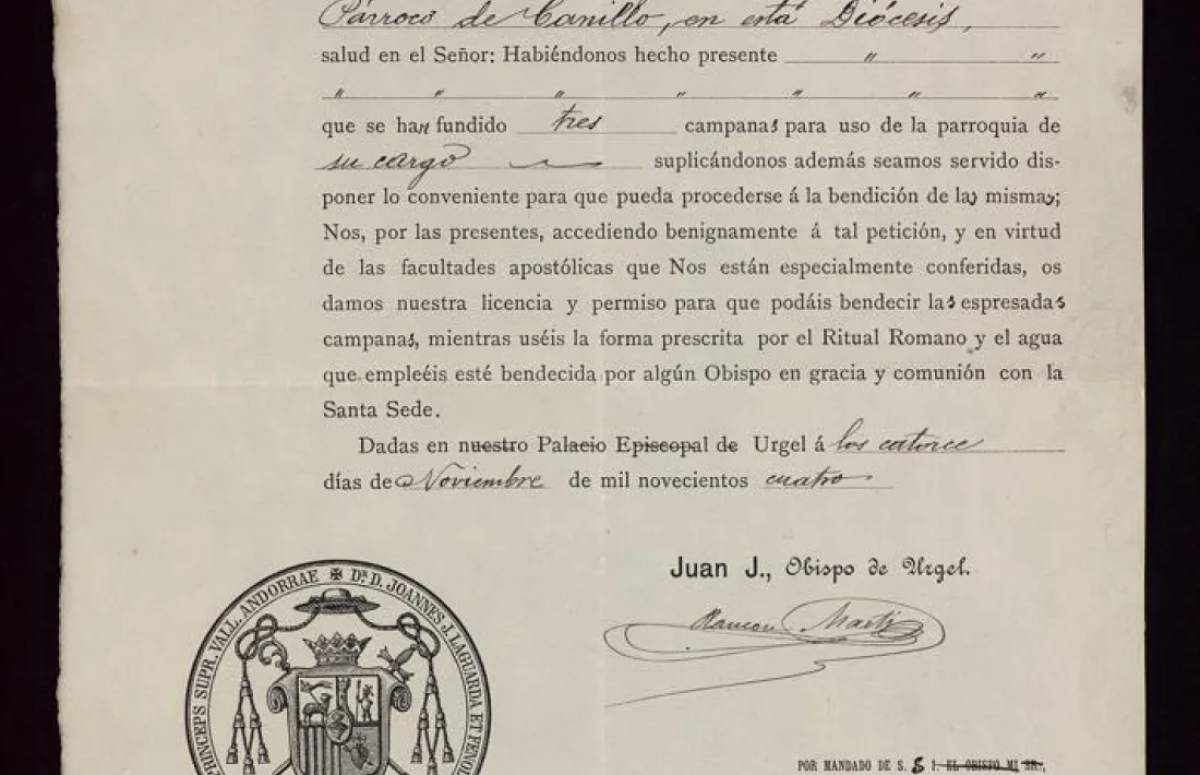 Autorització del bisbe Lagarda per beneir les tres campanes foses per Pablo del Campo. Data del 1904.
