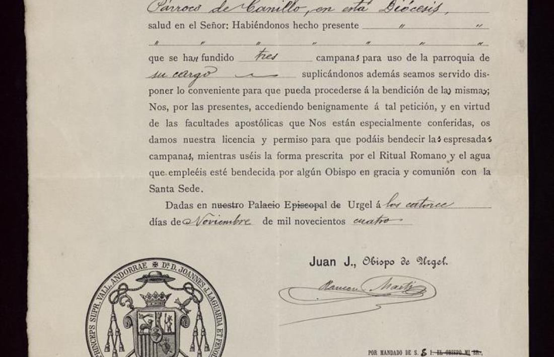Autorització del bisbe Lagarda per beneir les tres campanes foses per Pablo del Campo. Data del 1904.