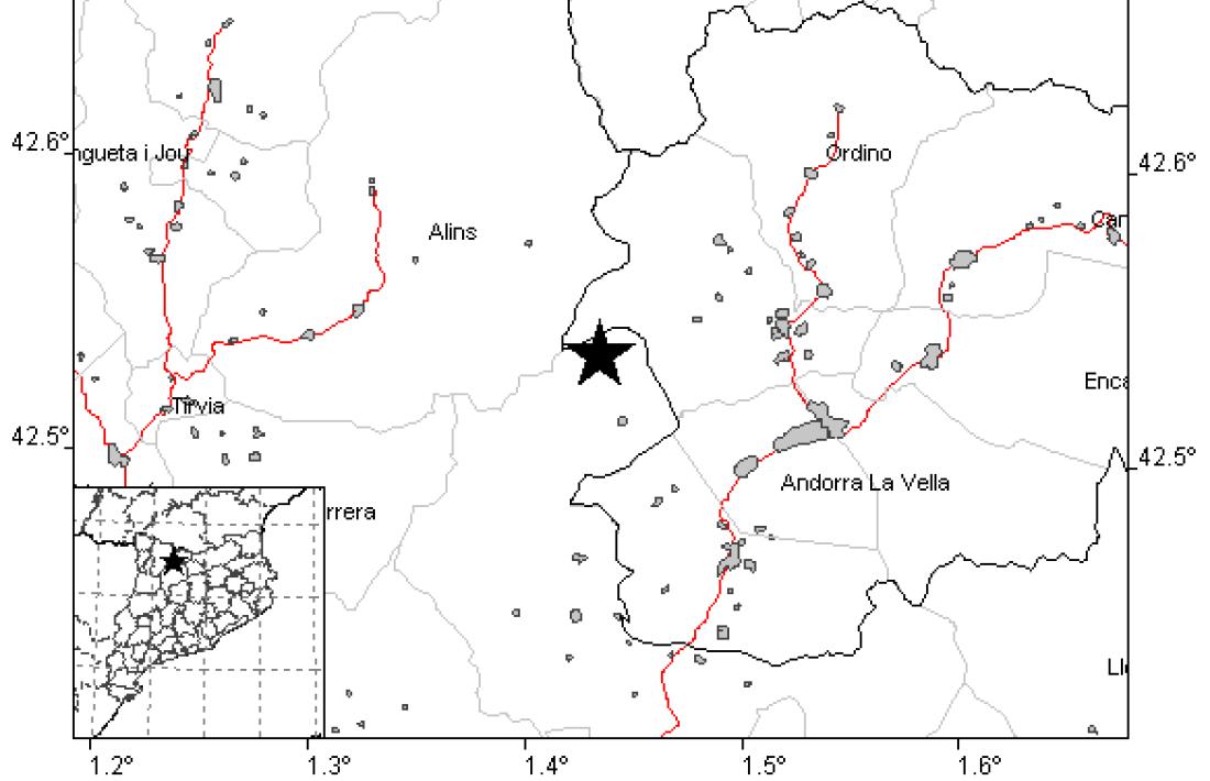 El primer mapa mostra l’epicentre del terratrèmol de magnitud 3,8 i el segon, la intensitat percebuda per la població.