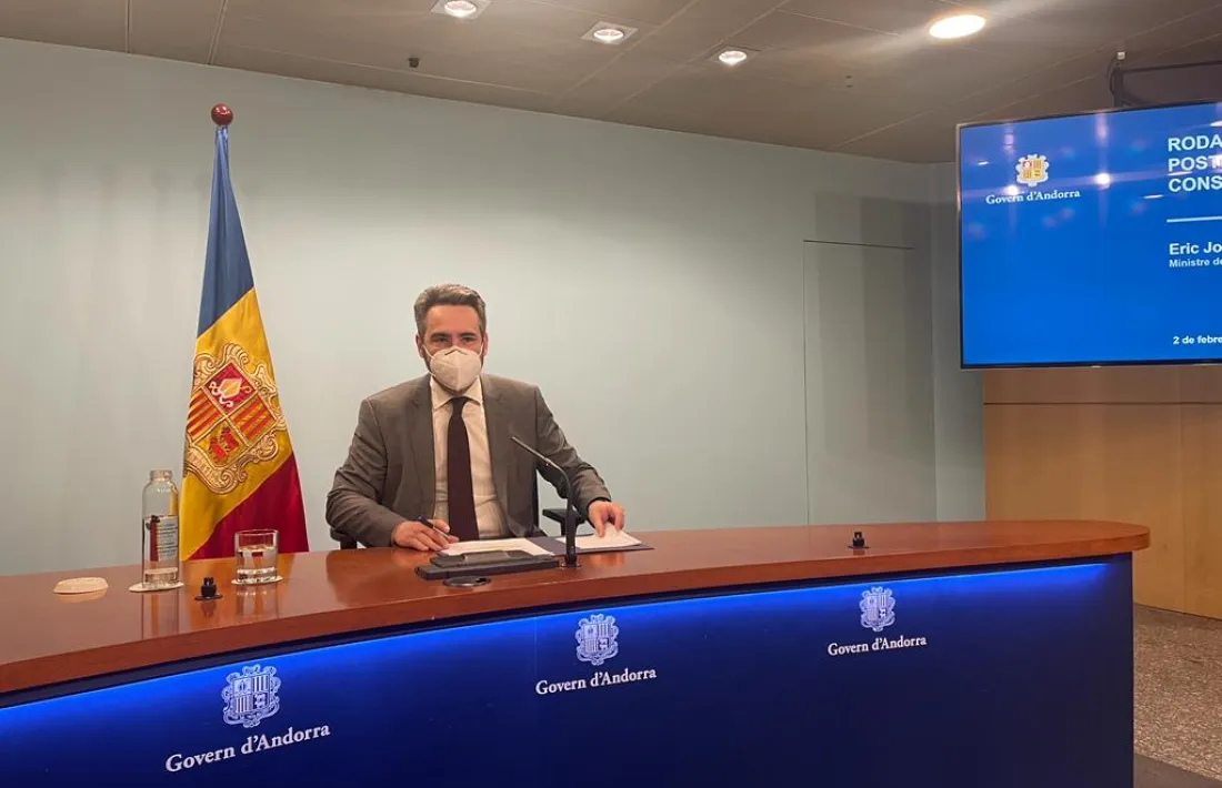 El titular de Finances i portaveu del Govern, Eric Jover, durant la compareixença d’avui posterior al consell de ministres.