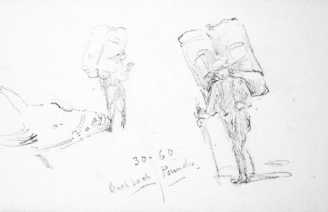 Grup de paquetaires. Cada fardell diu Bacon, pesa entre 30 i 60 lliures.