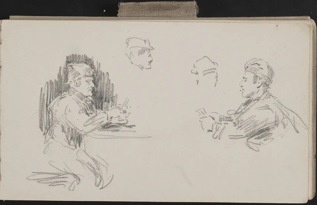 Tres de les pàgines del quadern de viatge de Henry Bacon (1839-1912), de qui el Thyssen exposa ‘Platja d’Étretat’ i una dotzena dels esbossos andorrans. El pintor nord-americà es va interessar per les escenes quotidianes i pels paisans amb qui es relaciona, i en va deixar un ampli inventari al mig centenar de pàgines de la llibreta. 